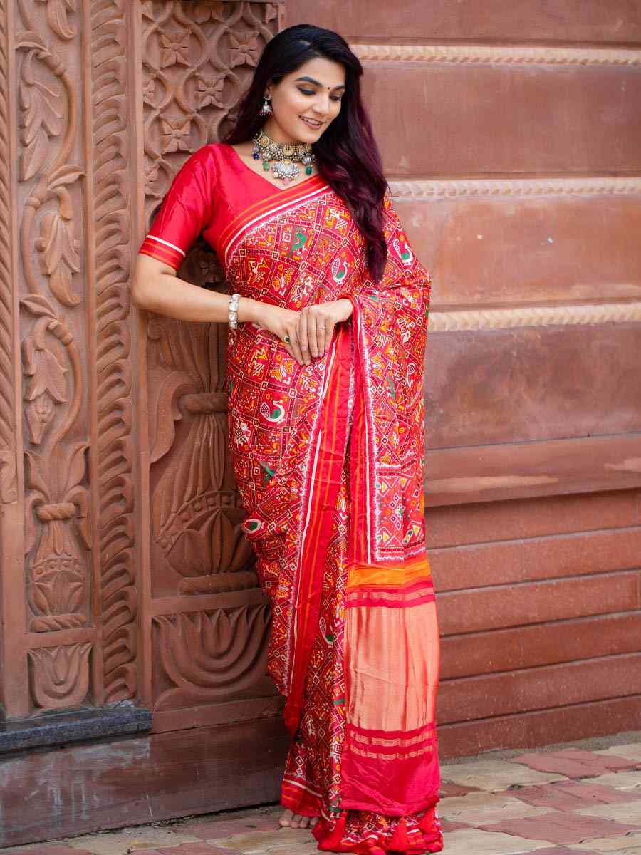Red Pure Gaji Silk Printed Party Festival Classic Style Saree
