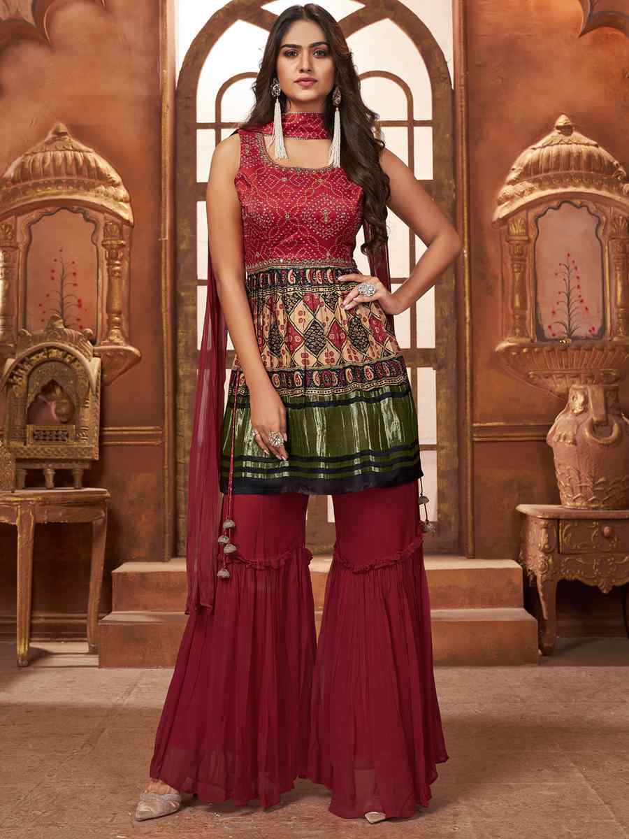Red Pure Gajji Lagdi Patta Silk Printed Festival Wedding Ready Sharara Pant Salwar Kameez