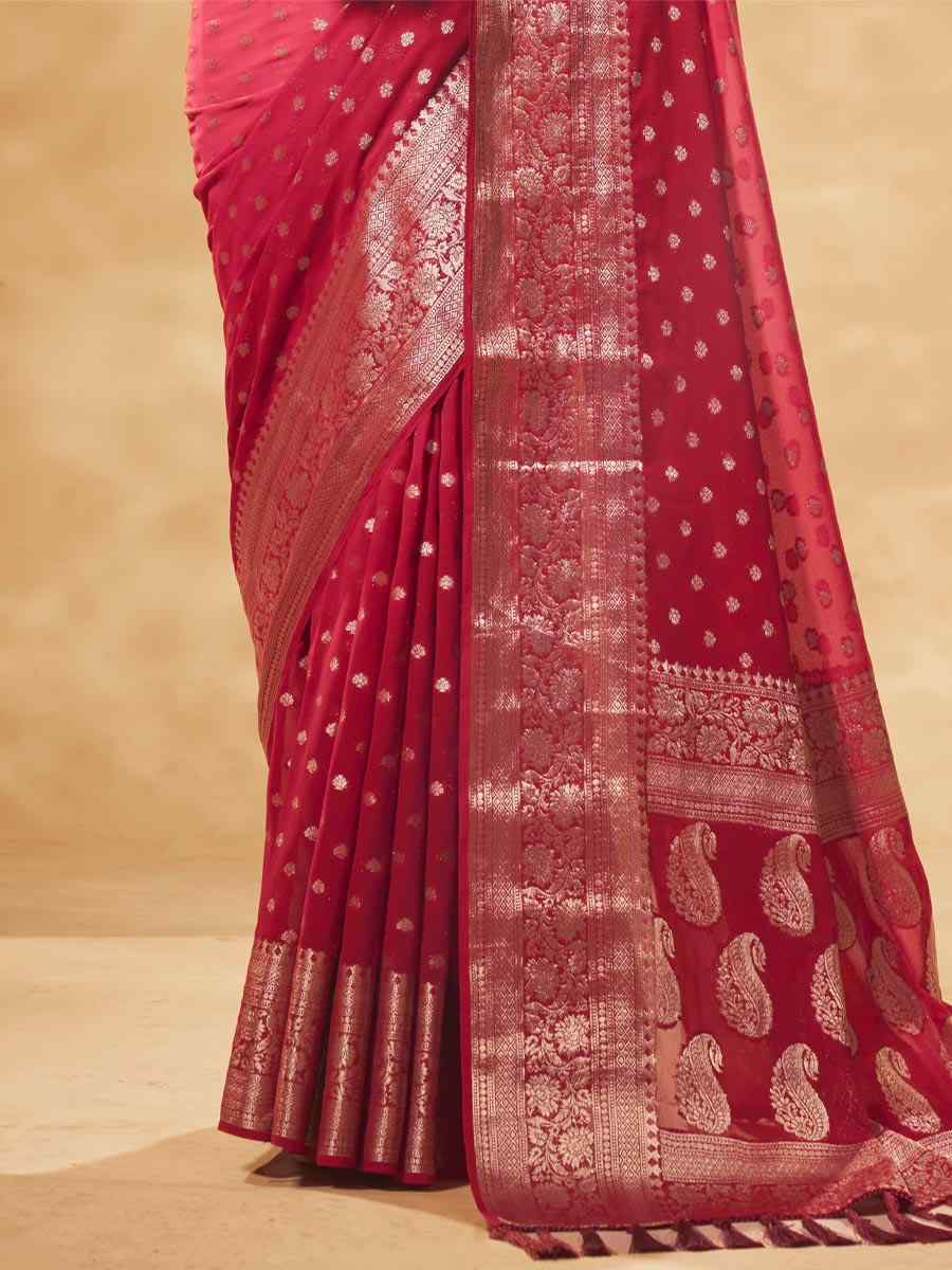 Red Pure Georgette Handwoven Party Festival Heavy Border Saree