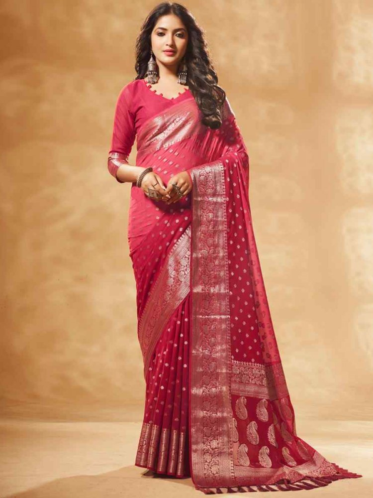 Red Pure Georgette Handwoven Party Festival Heavy Border Saree