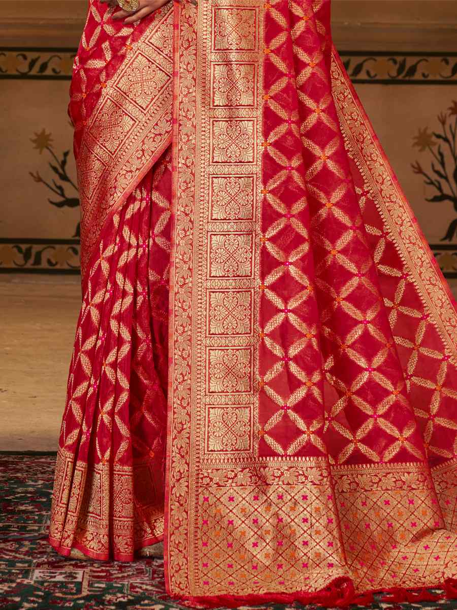 Red Pure Georgette Handwoven Wedding Festival Heavy Border Saree