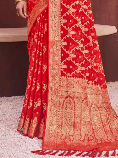 Red Pure Georgette Handwoven Wedding Festival Heavy Border Saree