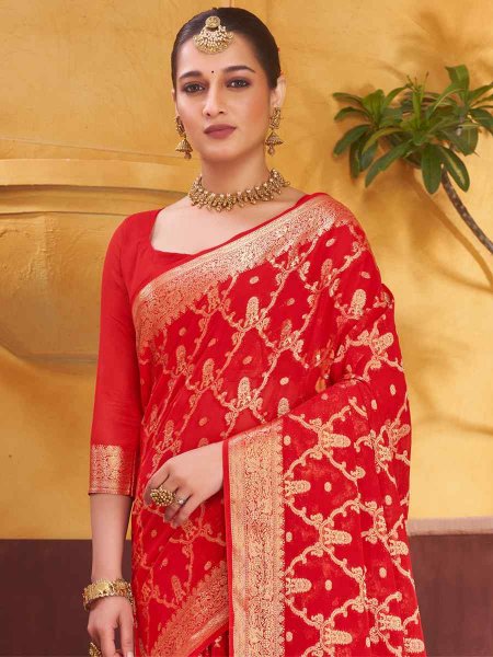 Red Pure Georgette Handwoven Wedding Festival Heavy Border Saree