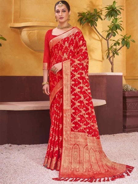 Red Pure Georgette Handwoven Wedding Festival Heavy Border Saree