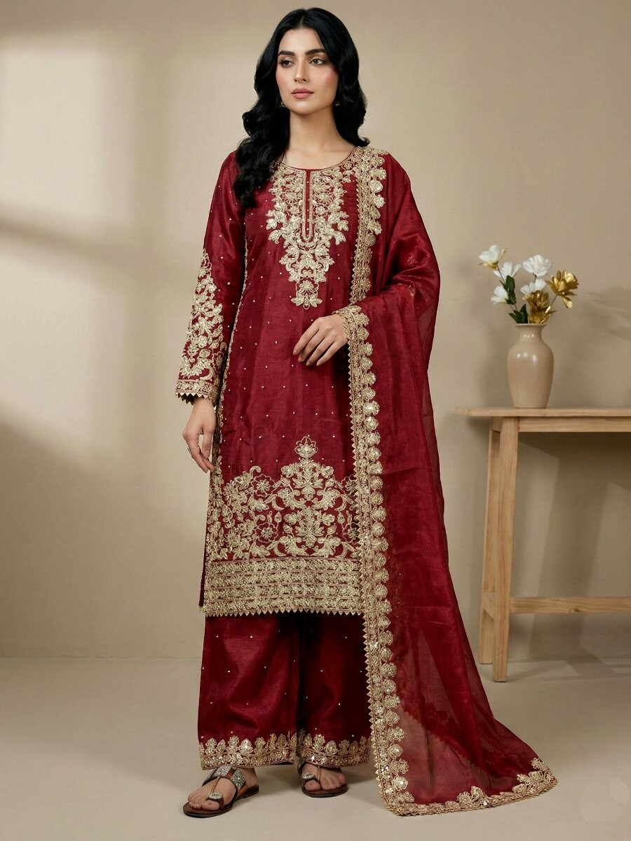 Red Pure Gmy Silk Embroidery Sequins Zari Party Wedding Engagement Festival Ready Palazzo Pant Salwar Kameez