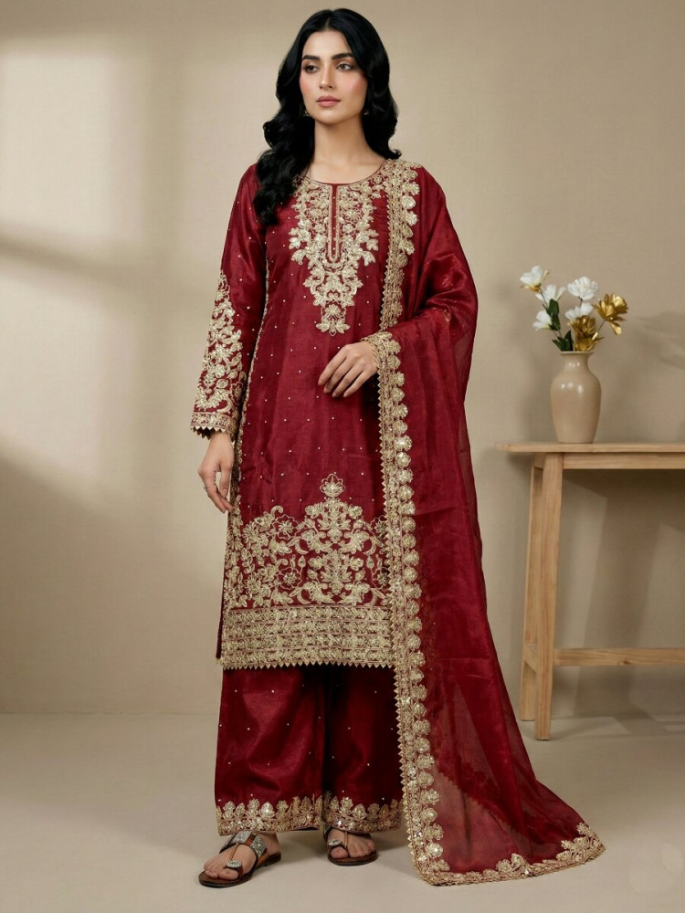 Image of Red Pure Gmy Silk Embroidery Sequins Zari Party Wedding Engagement Festival Ready Palazzo Pant Salwar Kameez