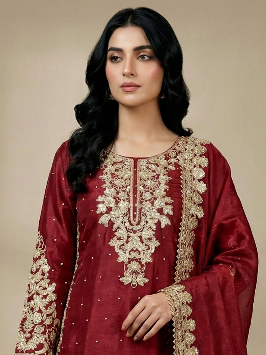 Red Pure Gmy Silk Embroidery Sequins Zari Party Wedding Engagement Festival Ready Palazzo Pant Salwar Kameez