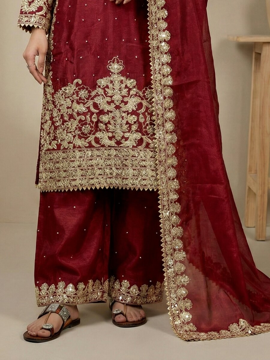 Red Pure Gmy Silk Embroidery Sequins Zari Party Wedding Engagement Festival Ready Palazzo Pant Salwar Kameez