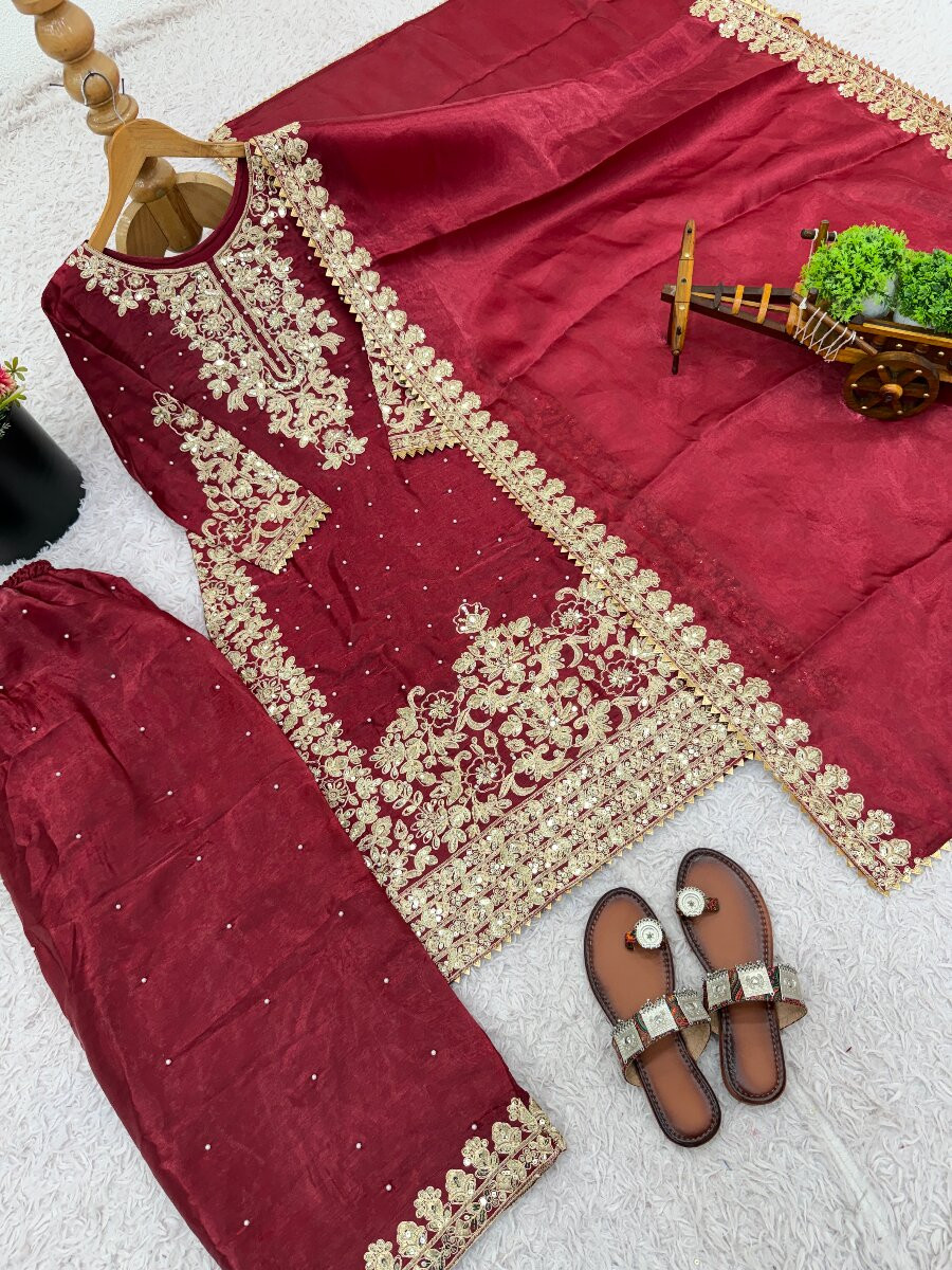 Red Pure Gmy Silk Embroidery Sequins Zari Party Wedding Engagement Festival Ready Palazzo Pant Salwar Kameez