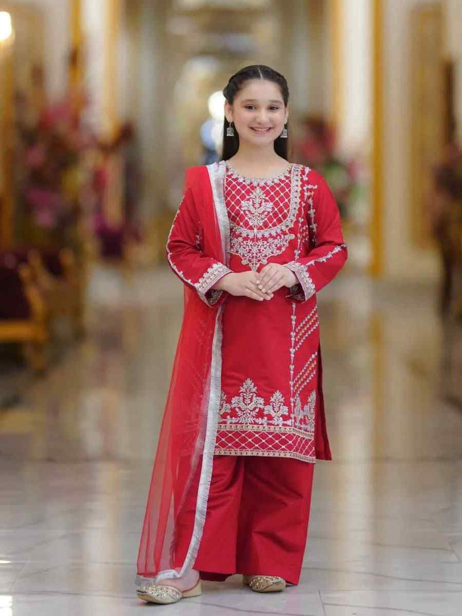 Red Pure Heavy Natural Crep Silk Embroidered Casual Festival Salwars Girls Wear