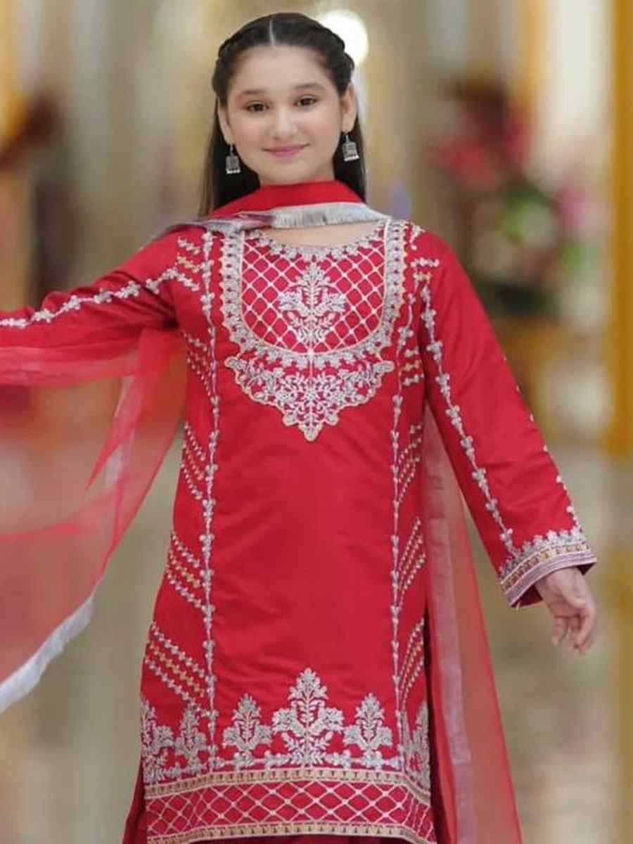 Red Pure Heavy Natural Crep Silk Embroidered Casual Festival Salwars Girls Wear
