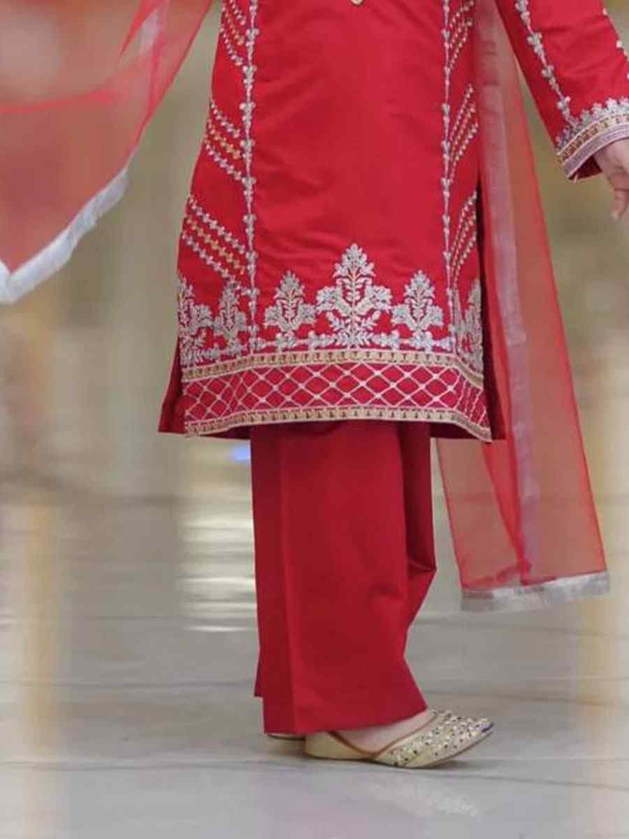 Red Pure Heavy Natural Crep Silk Embroidered Casual Festival Salwars Girls Wear