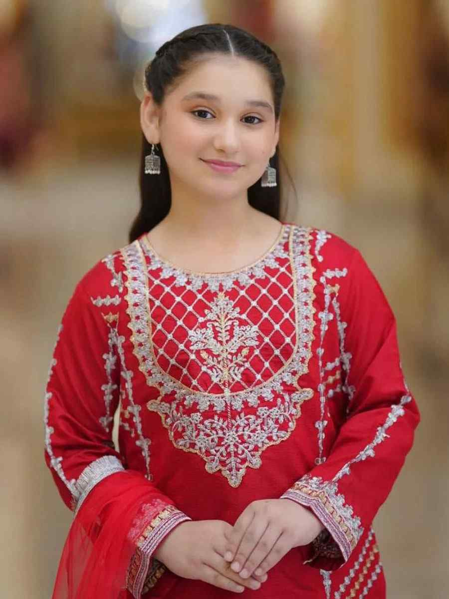 Red Pure Heavy Natural Crep Silk Embroidered Casual Festival Salwars Girls Wear