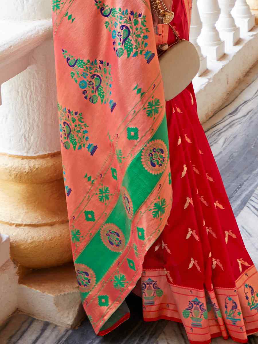 Red Pure Heavy Silk  Handwoven Wedding Festival Heavy Border Saree