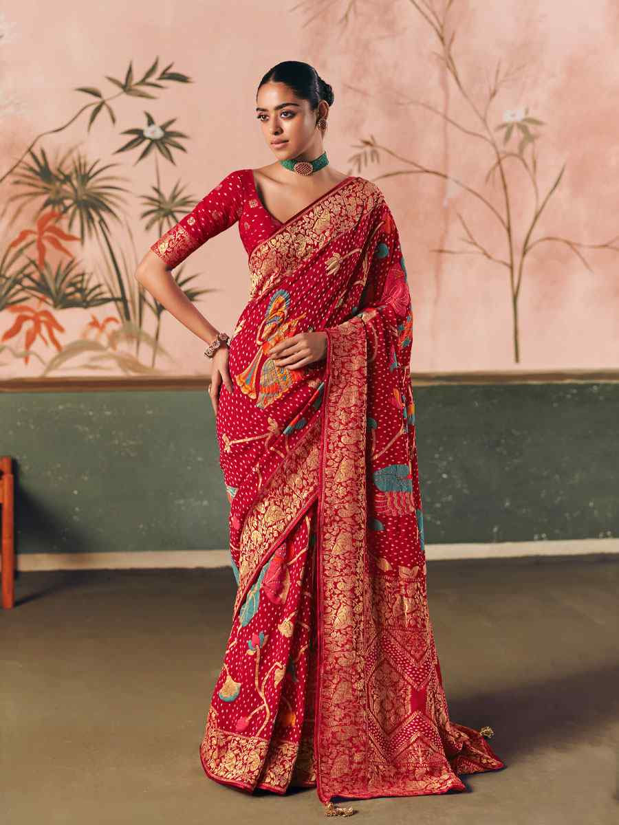 Red Pure Khaddi Georgette With Designer Bandhej Weaving Zari Handwoven Bridal Reception Festival Wedding Fancy Heavy Border Saree