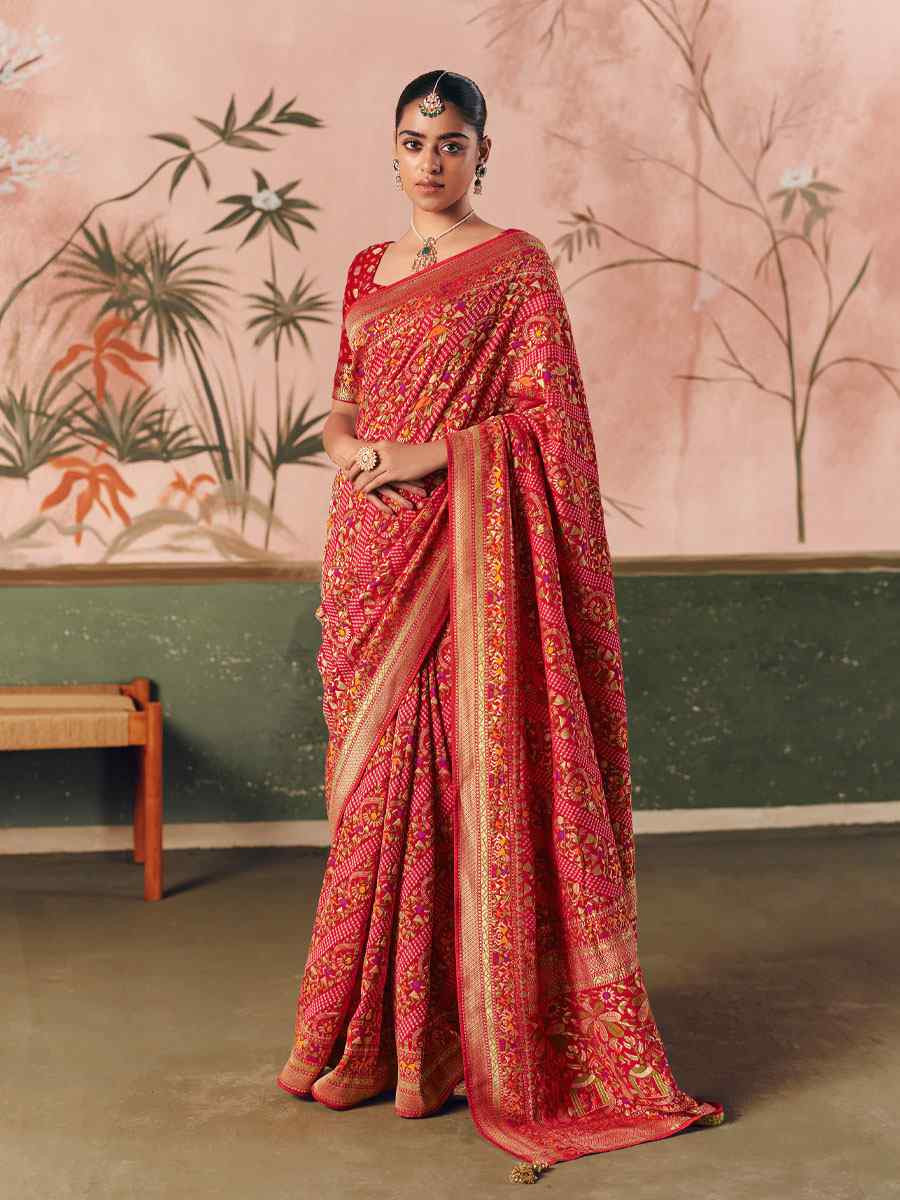 Red Pure Khaddi Georgette With Designer Bandhej Weaving  Zari Handwoven Bridal Reception Festival Wedding Fancy Heavy Border Saree