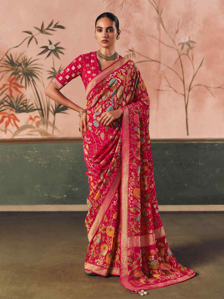 Image of Red Pure Khaddi Georgette With Designer Bandhej Weaving  Zari Handwoven Bridal Reception Festival Wedding Fancy Heavy Border Saree