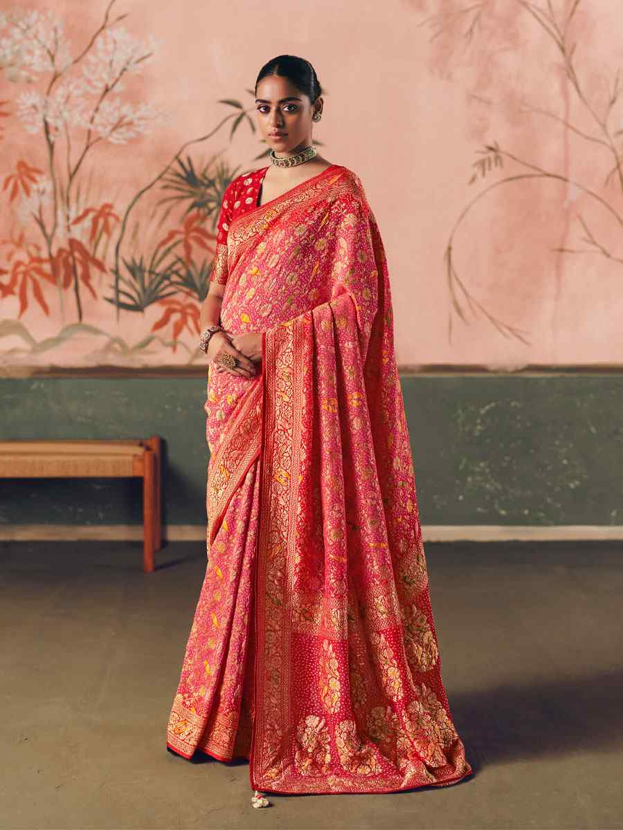 Red Pure Khaddi Georgette With Designer Bandhej Weaving Zari Handwoven Bridal Reception Festival Wedding Fancy Heavy Border Saree