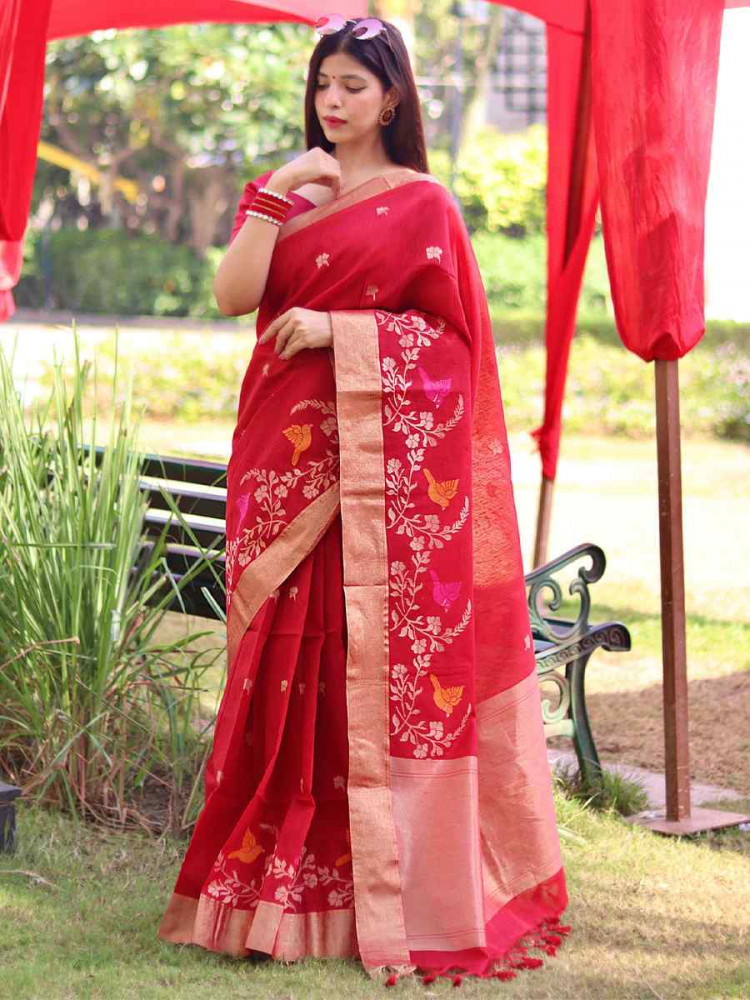 Image of Red Pure Linen Silk Handwoven Zari Festival Wedding Fancy Heavy Border Saree