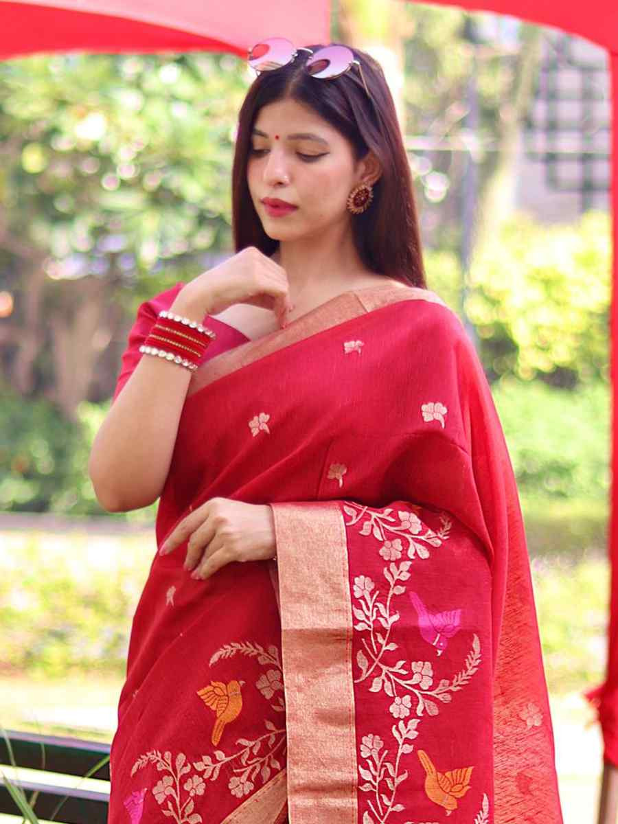Red Pure Linen Silk Handwoven Zari Festival Wedding Fancy Heavy Border Saree