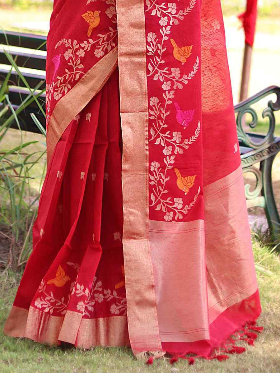 Red Pure Linen Silk Handwoven Zari Festival Wedding Fancy Heavy Border Saree