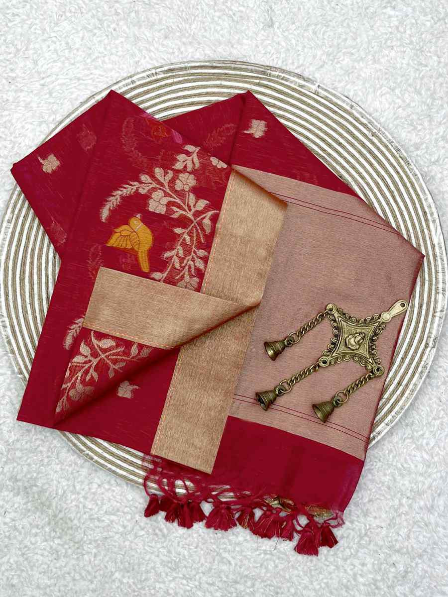 Red Pure Linen Silk Handwoven Zari Festival Wedding Fancy Heavy Border Saree