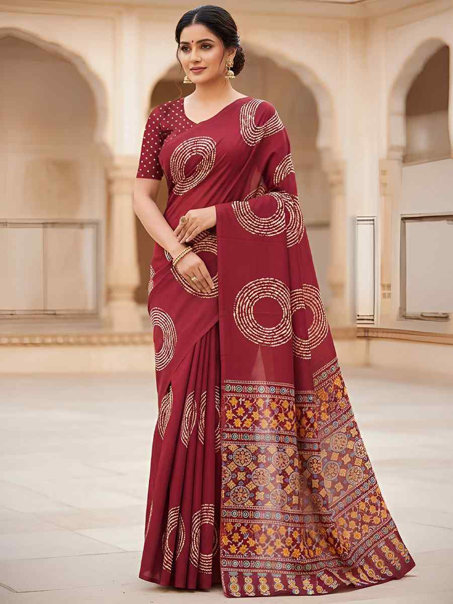 Red Pure Mul Cotton Bhandej Printed Traditional Bridal Reception Festival Wedding Fancy Heavy Border Saree