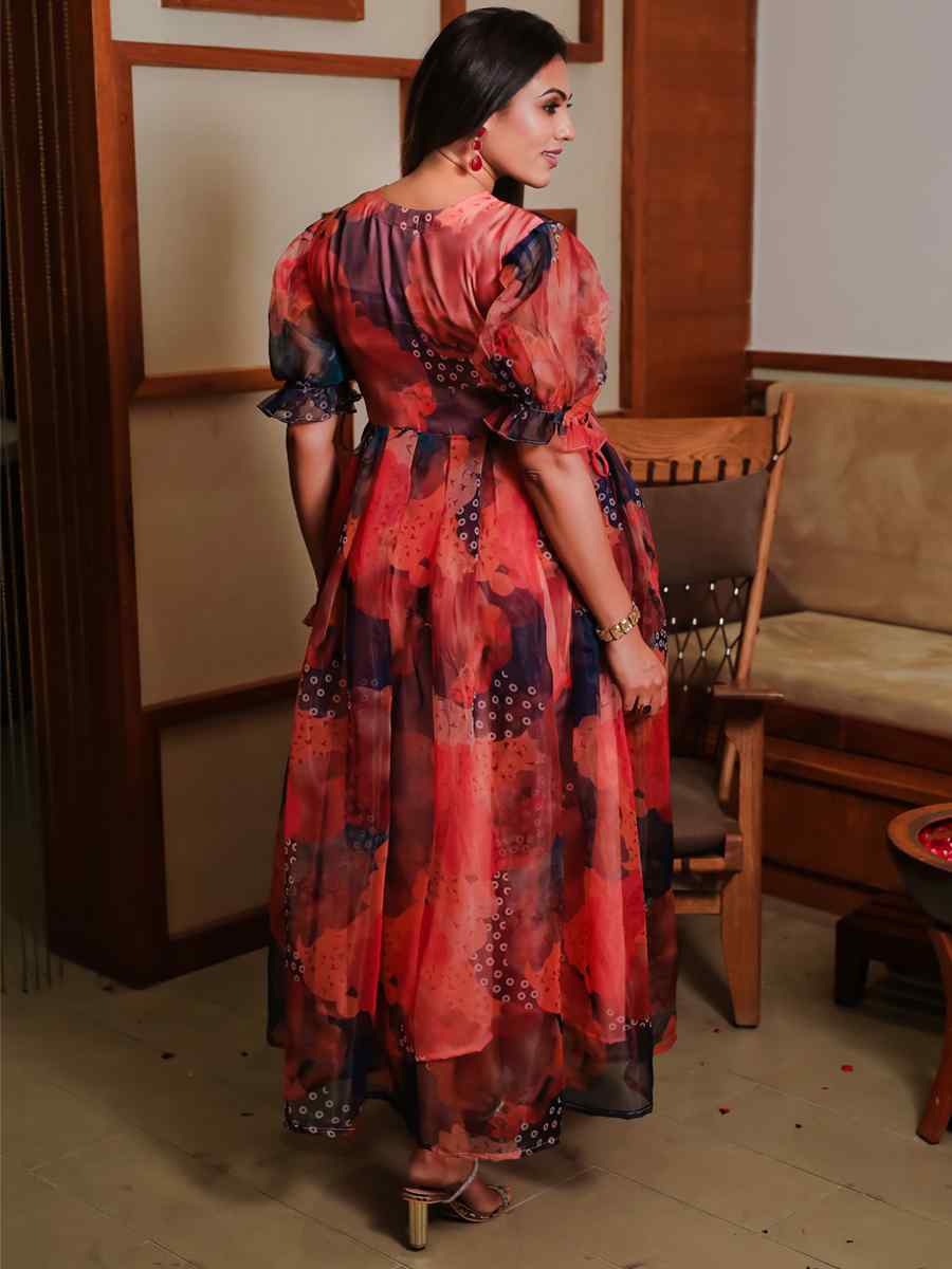 Red Pure Organza  Printed Festival Casual Gown