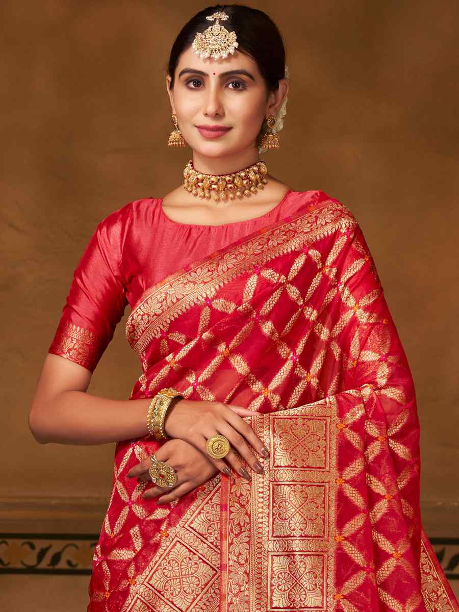 Red Pure Organza Silk Handwoven Wedding Festival Heavy Border Saree