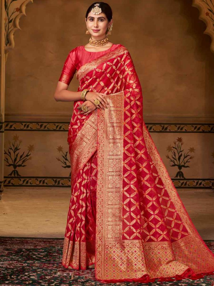 Red Pure Organza Silk Handwoven Wedding Festival Heavy Border Saree