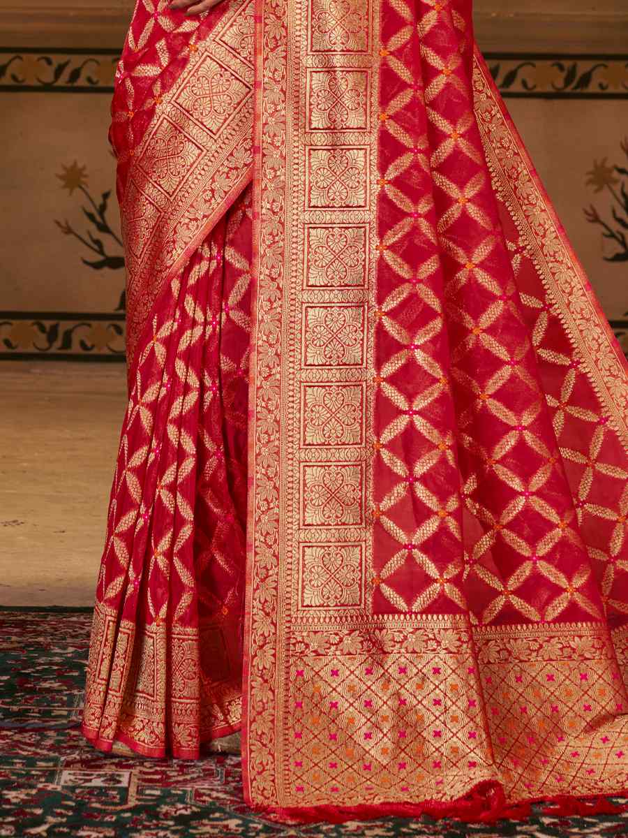 Red Pure Organza Silk Handwoven Wedding Festival Heavy Border Saree