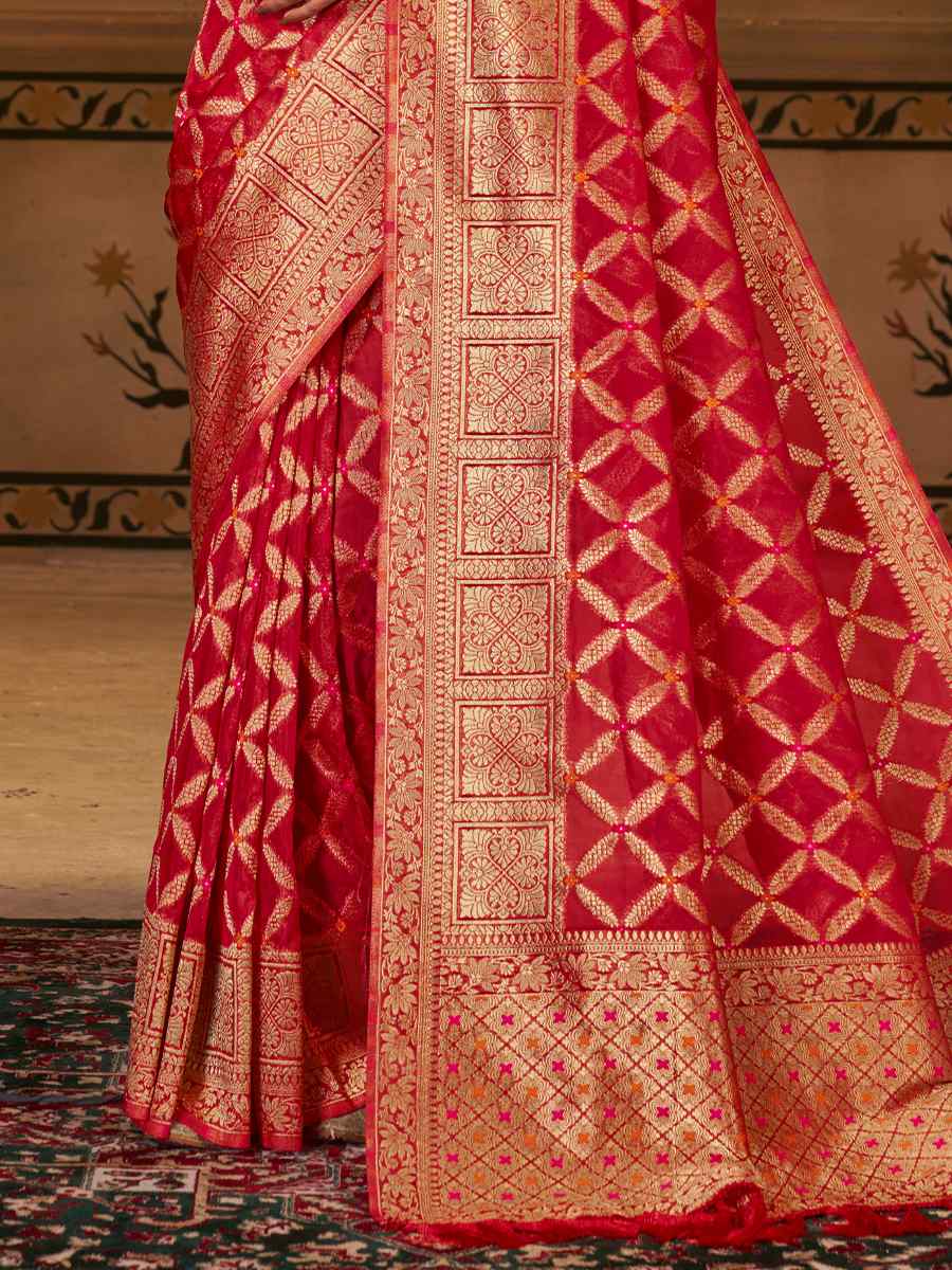 Red Pure Organza Silk Handwoven Wedding Festival Heavy Border Saree