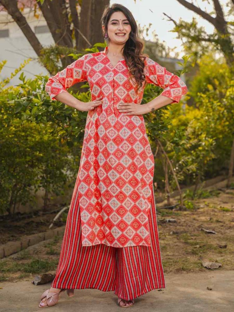 Red Pure Royan Printed Festival Casual Kurti with Bottom