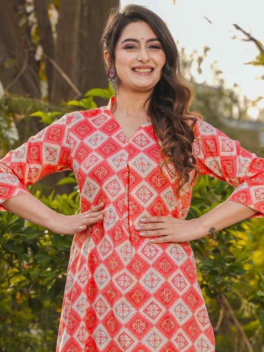 Red Pure Royan Printed Festival Casual Kurti with Bottom