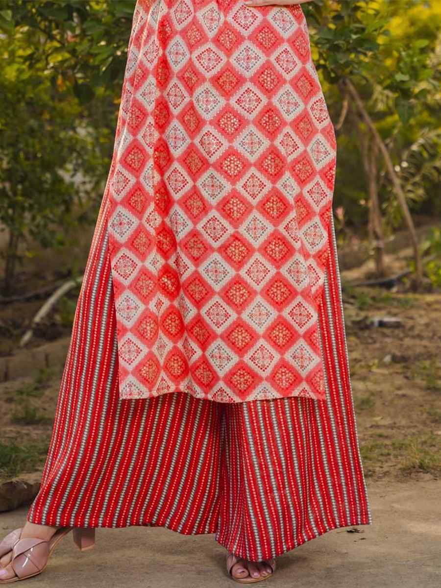 Red Pure Royan Printed Festival Casual Kurti with Bottom