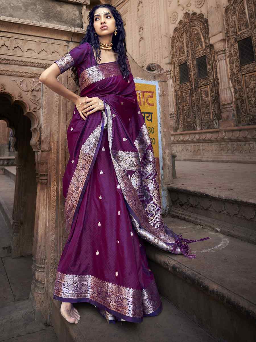 Purple Pure Satin Banarasi Silk Handwoven Wedding Festival Heavy Border Saree