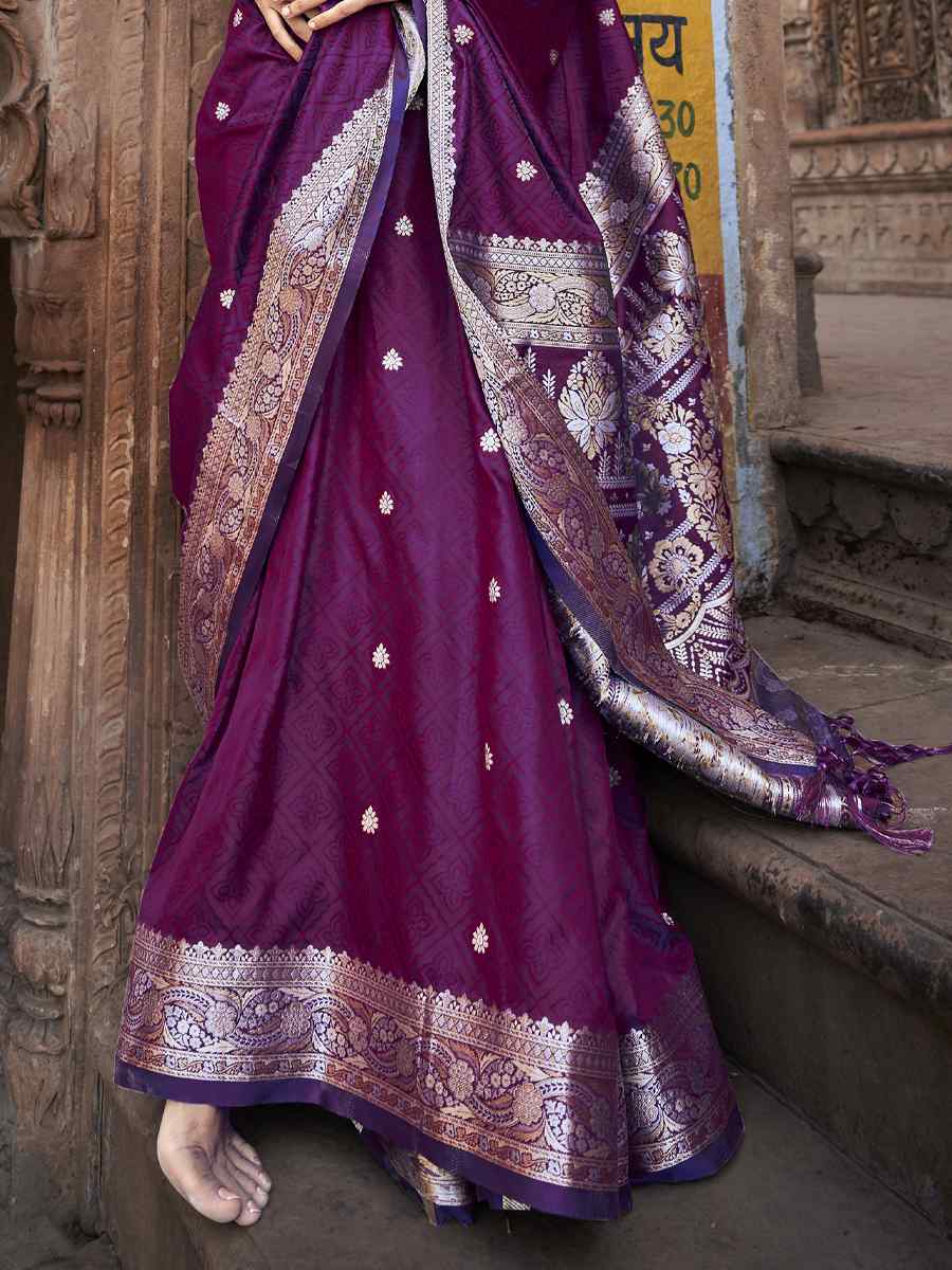 Purple Pure Satin Banarasi Silk Handwoven Wedding Festival Heavy Border Saree