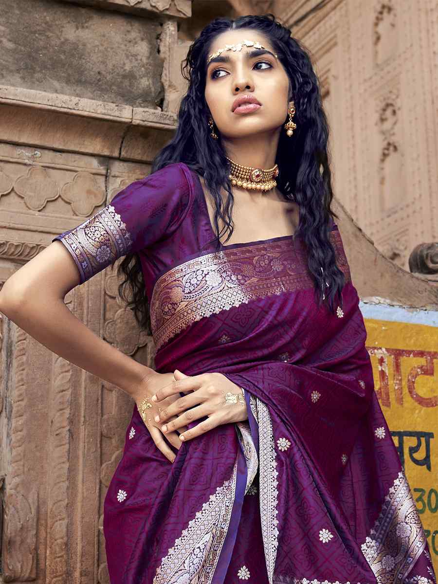 Purple Pure Satin Banarasi Silk Handwoven Wedding Festival Heavy Border Saree