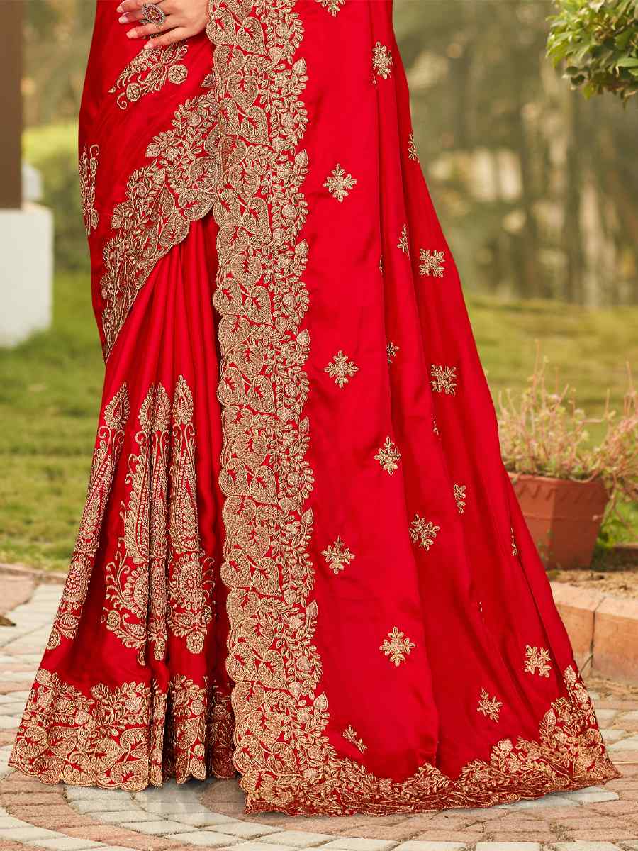 Red Pure Satin Embroidered Wedding Festival Heavy Border Saree