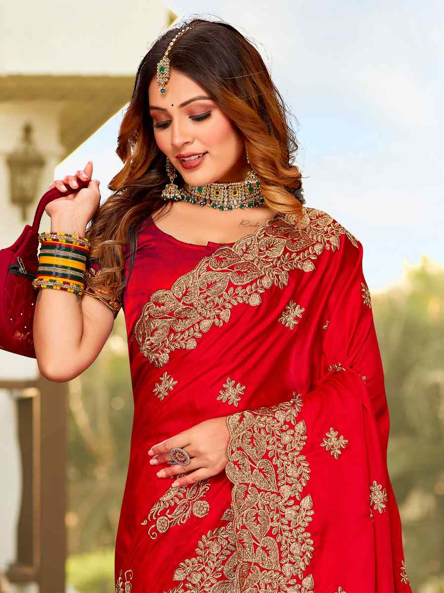 Red Pure Satin Embroidered Wedding Festival Heavy Border Saree