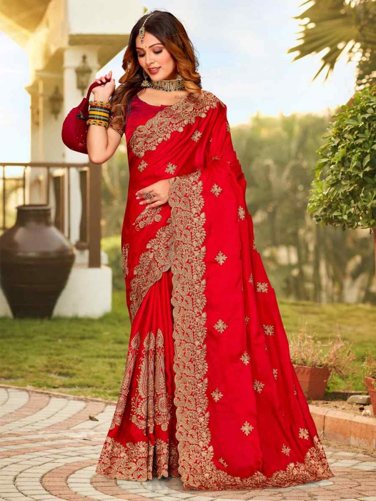 Red Pure Satin Embroidered Wedding Festival Heavy Border Saree