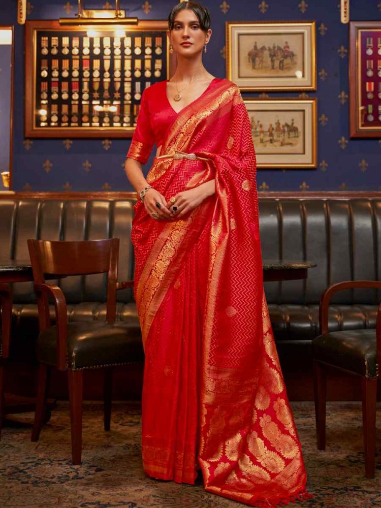 Red Pure Satin Silk Handwoven Wedding Festival Classic Style Saree