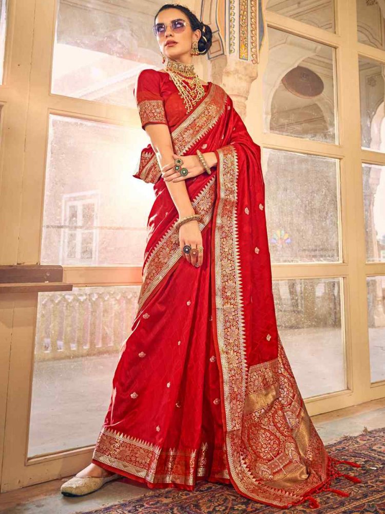 Red Pure Satin Silk Handwoven Wedding Festival Heavy Border Saree