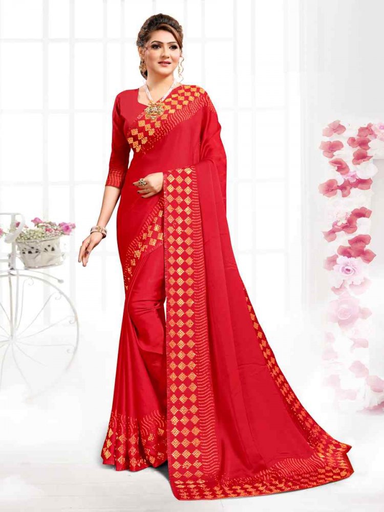 Red Pure Satin Traditional Party Festival Classic Style Saree