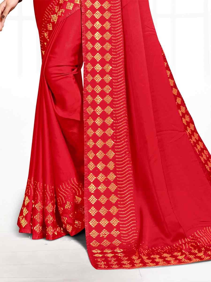 Red Pure Satin Traditional Party Festival Classic Style Saree