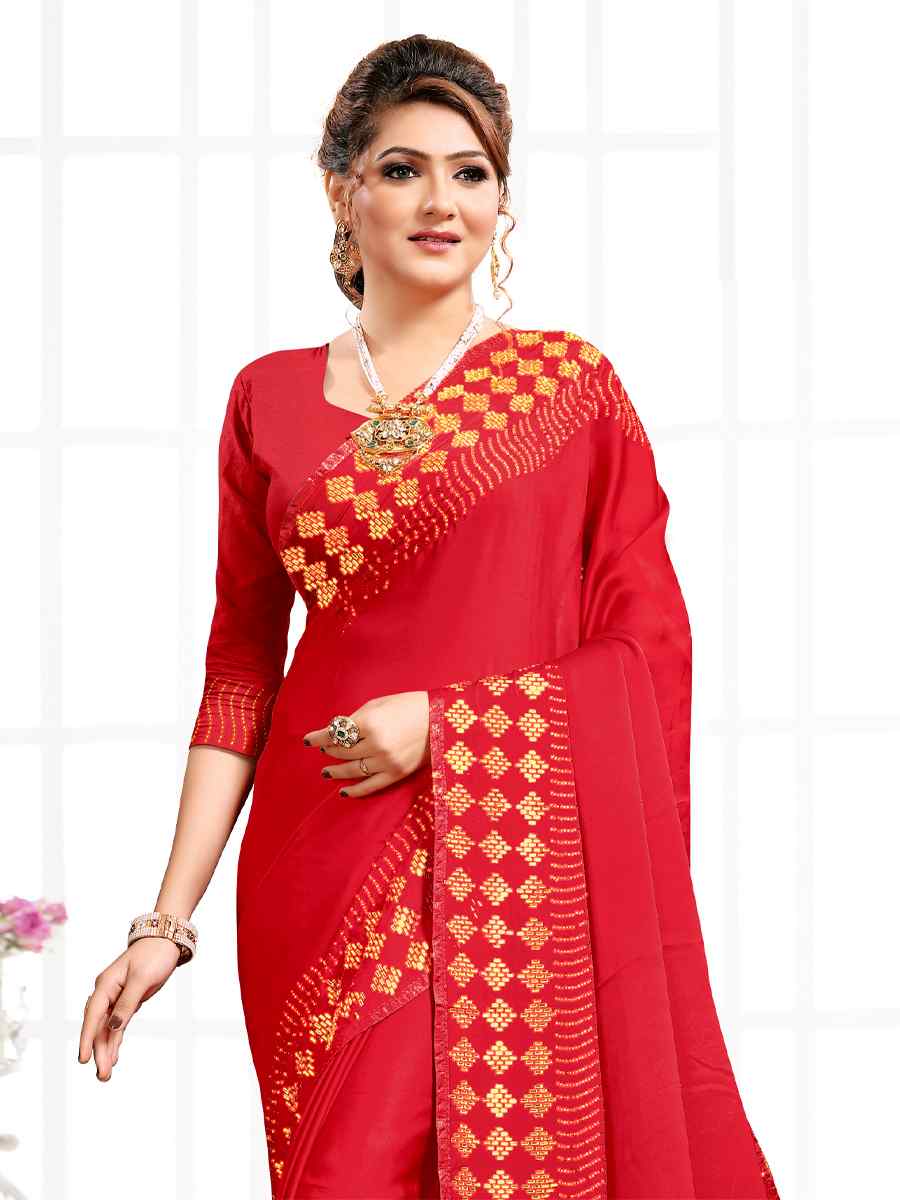 Red Pure Satin Traditional Party Festival Classic Style Saree