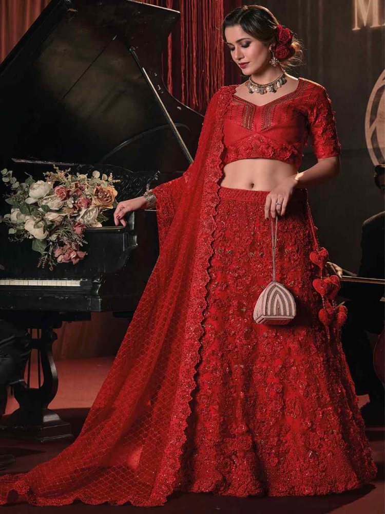 Red Pure Silk Embroidered Bridal Wedding Heavy Border Lehenga Choli