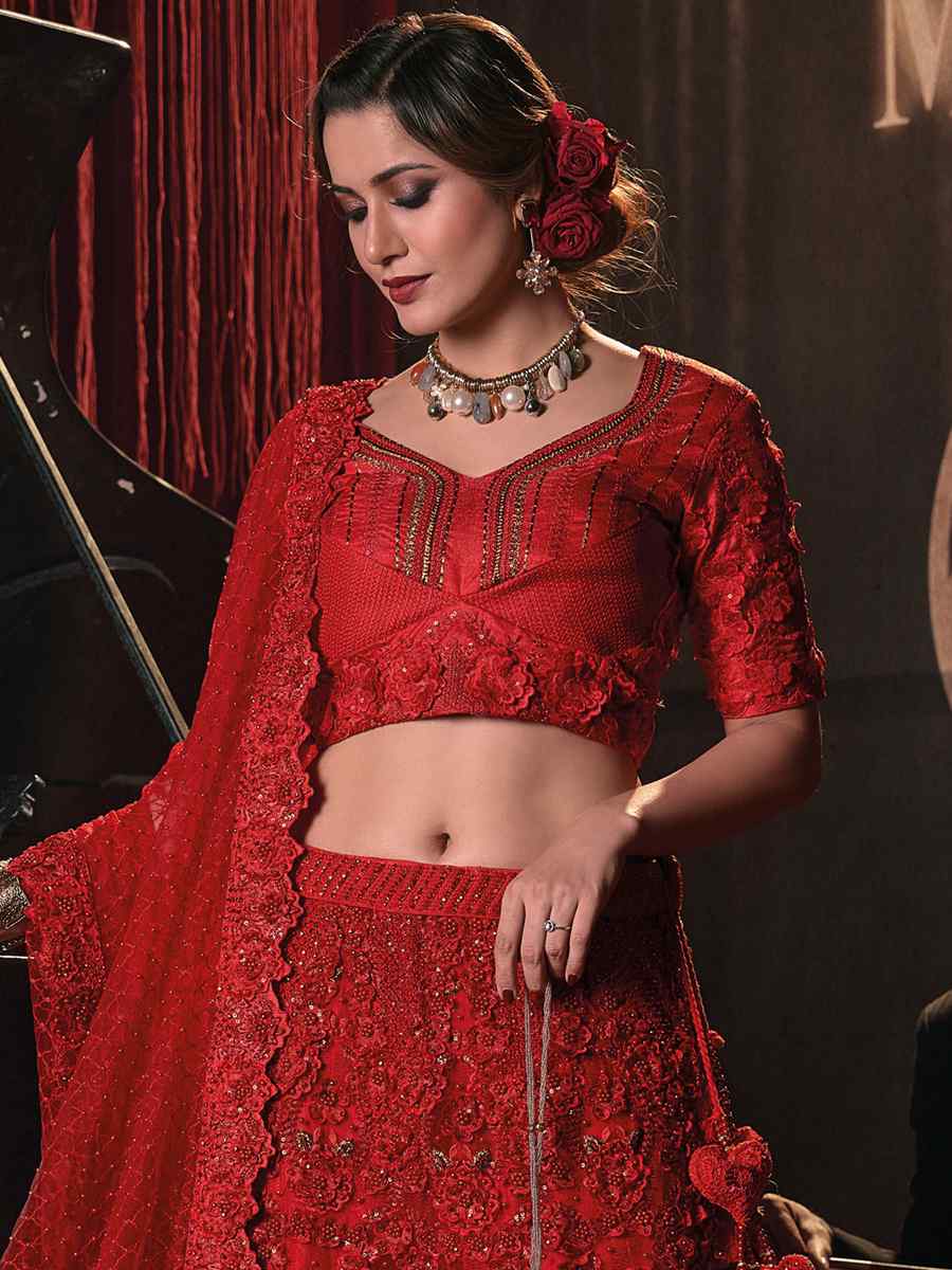 Red Pure Silk Embroidered Bridal Wedding Heavy Border Lehenga Choli