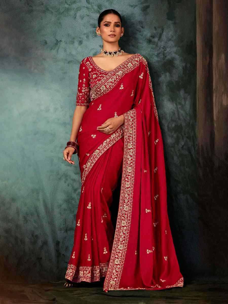 Red Pure Silk Embroidery Bridal Reception Festival Wedding Fancy Classic Heavy Border Saree