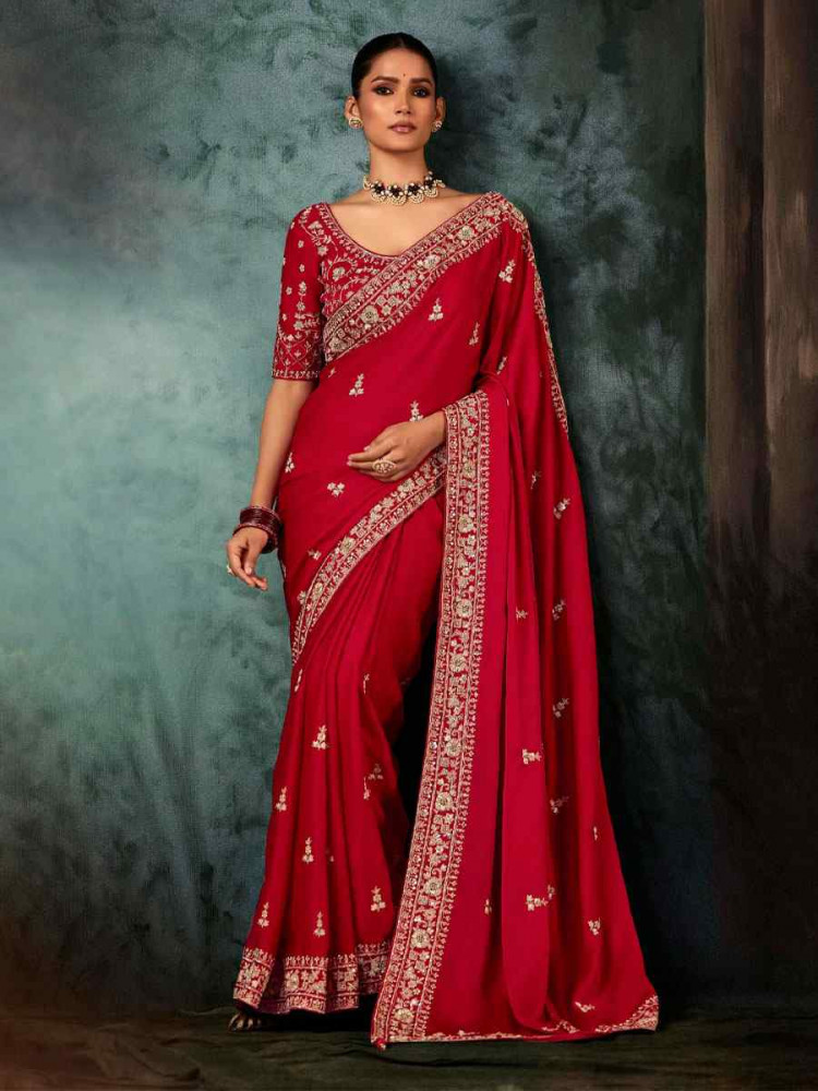 Image of Red Pure Silk Embroidery Bridal Reception Festival Wedding Fancy Classic Heavy Border Saree